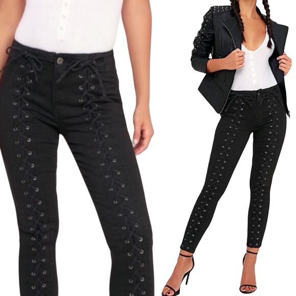 Pistola Corset Lace Up Jeans Skinny Leg High Rise Zipper Fly Black Womens 27 - Picture 1 of 8